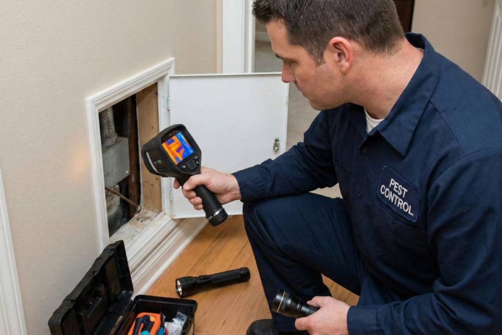 A pest control expert conducting a thermal termite inspection in a Brisbane home.
