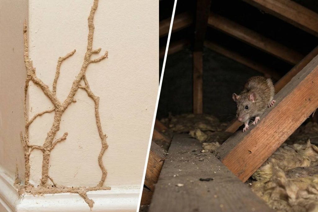 Examples of termite mud tubes and rodent infestations commonly found in Brisbane homes.
