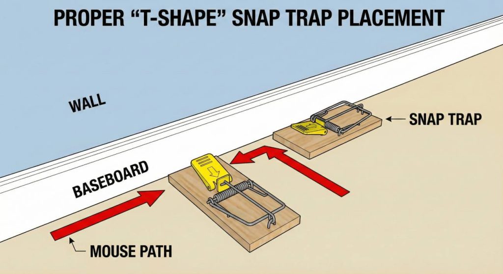 Correct snap trap placement against wall for maximum efficiency
