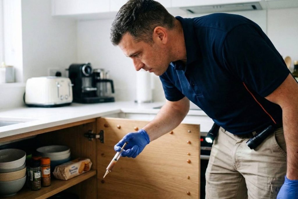 Applying low toxicity gel bait for German cockroaches in an apartment kitchen
